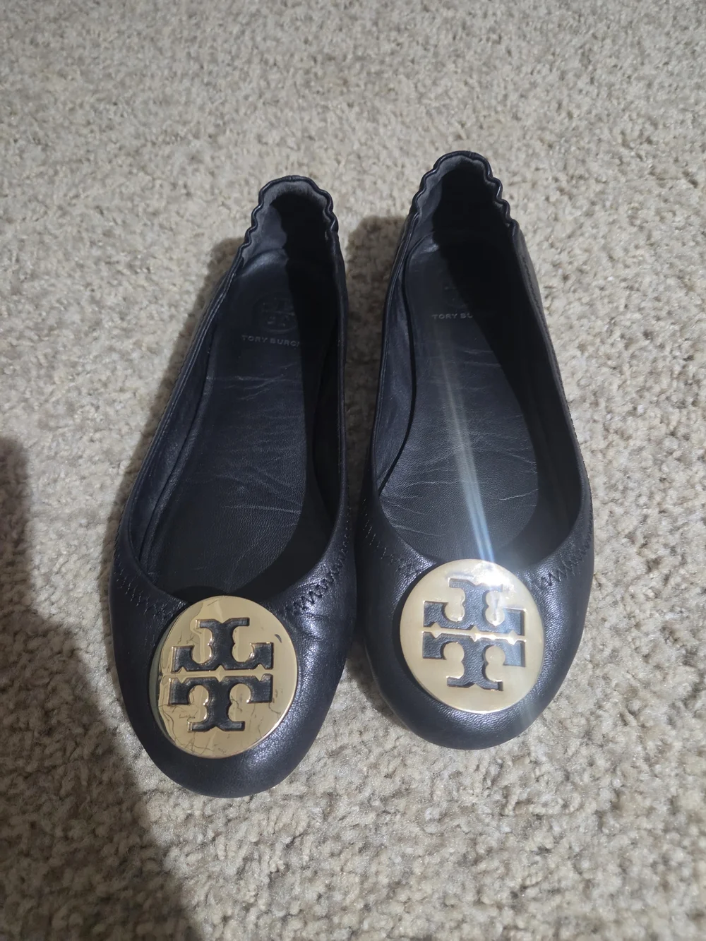 Tory Burch Black Reva Ballet Flats with Gold Logo Size 7.5